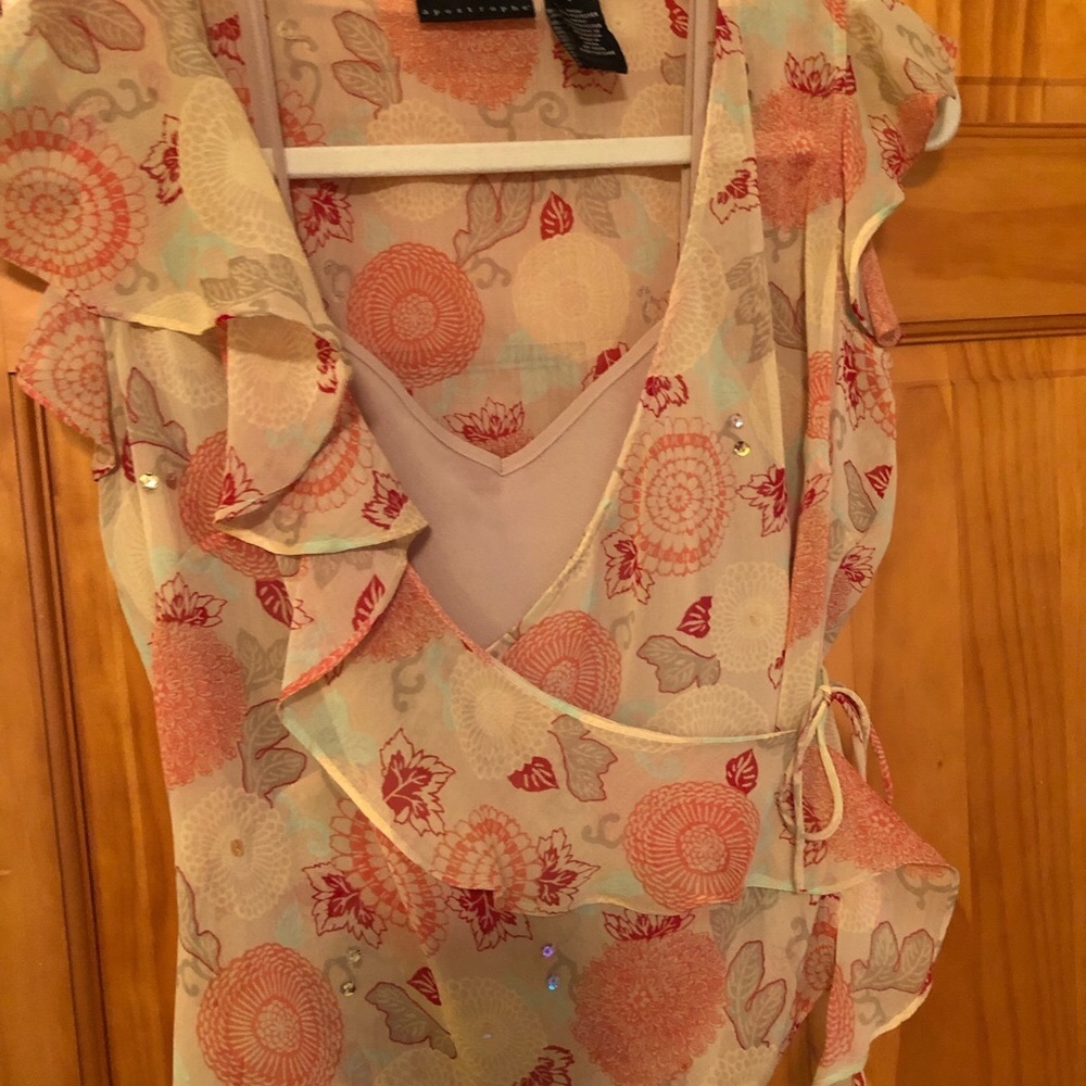 Apostrophe, blouse, size 2, sheer top w/ sequins, ruffles, with tan tank